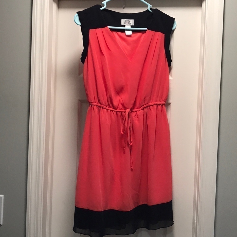 Sweet Storm Navy and Coral Fake Tie Waist Dress Size L Colorblocking